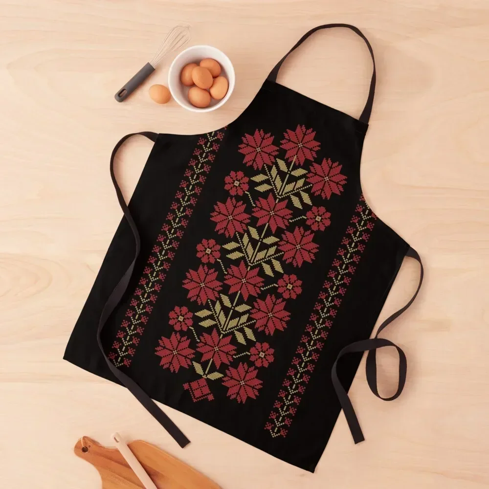 

Traditional Tatreez Embroidery Flowers Design 9 red-gld Apron with personal logo barber uniform Kitchen Chef Hairdressing Apron