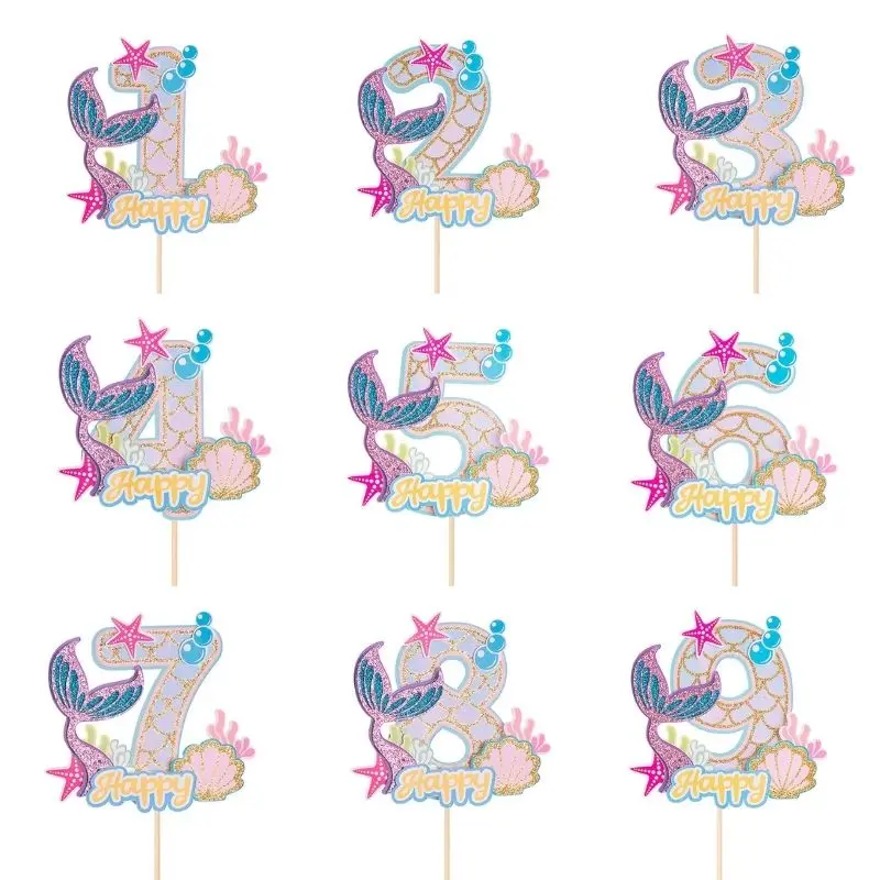 

0-9 Glitter Mermaid Tail Numbers Cake Topper Little Mermaid Kids Birthday Cake Decor Anniversary Party DIY Dessert Decorations