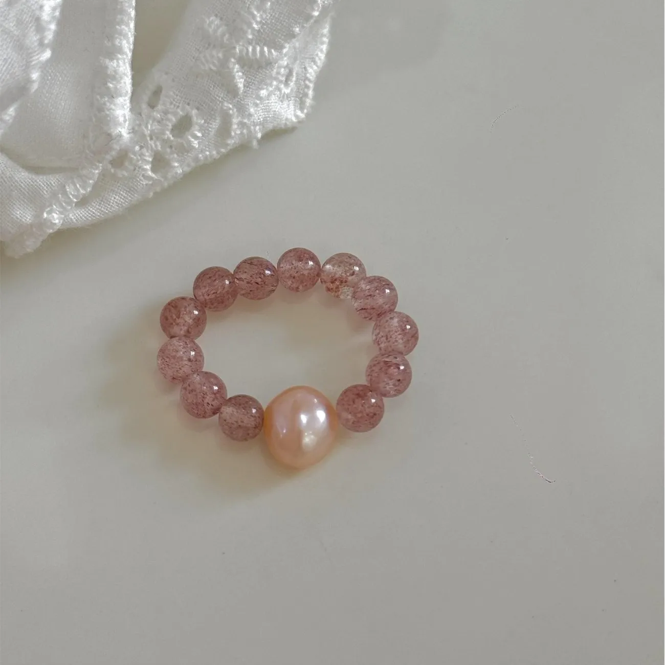 100% Natural Pink Freshwater Pearl & Strawberry Quartz Female Ring Jewelry For Women Gifts Adjustable Elasticity
