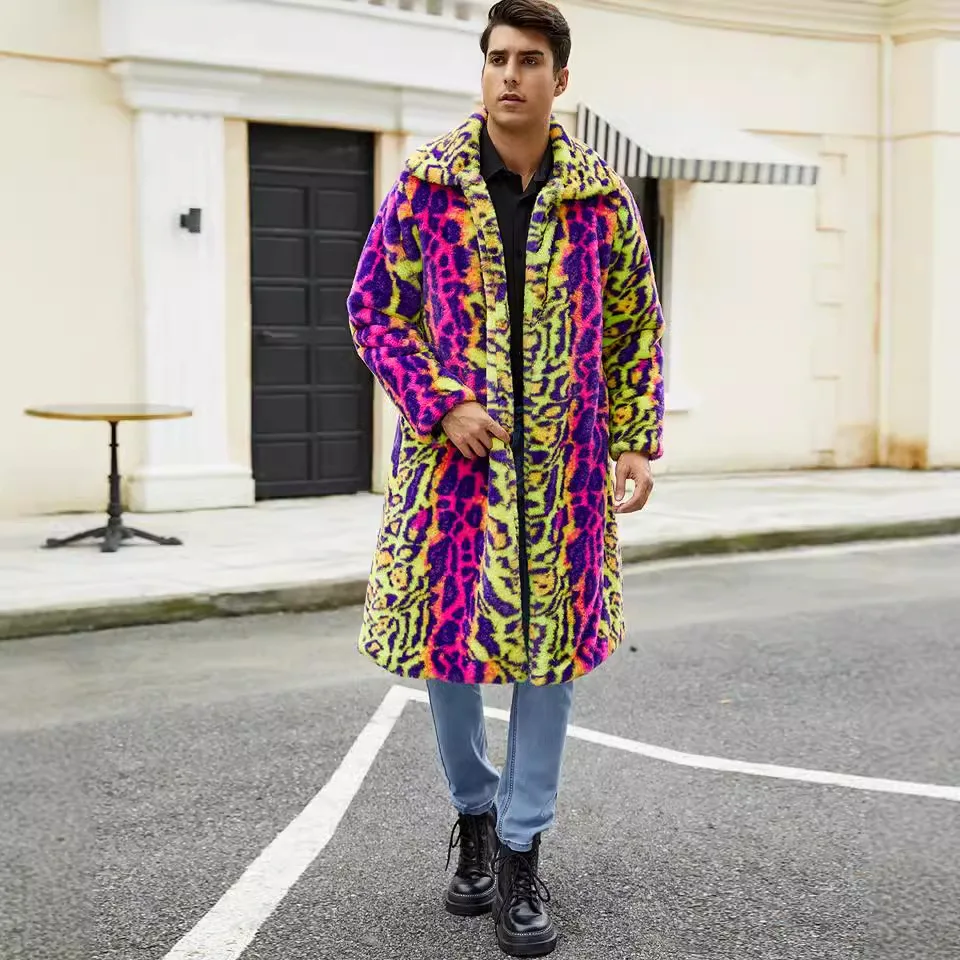 

Men's Faux Fur Coat Contrast Animal Print Lapel Neck Open Front Long Sleeve Long Jacket Winter Warm Outwear