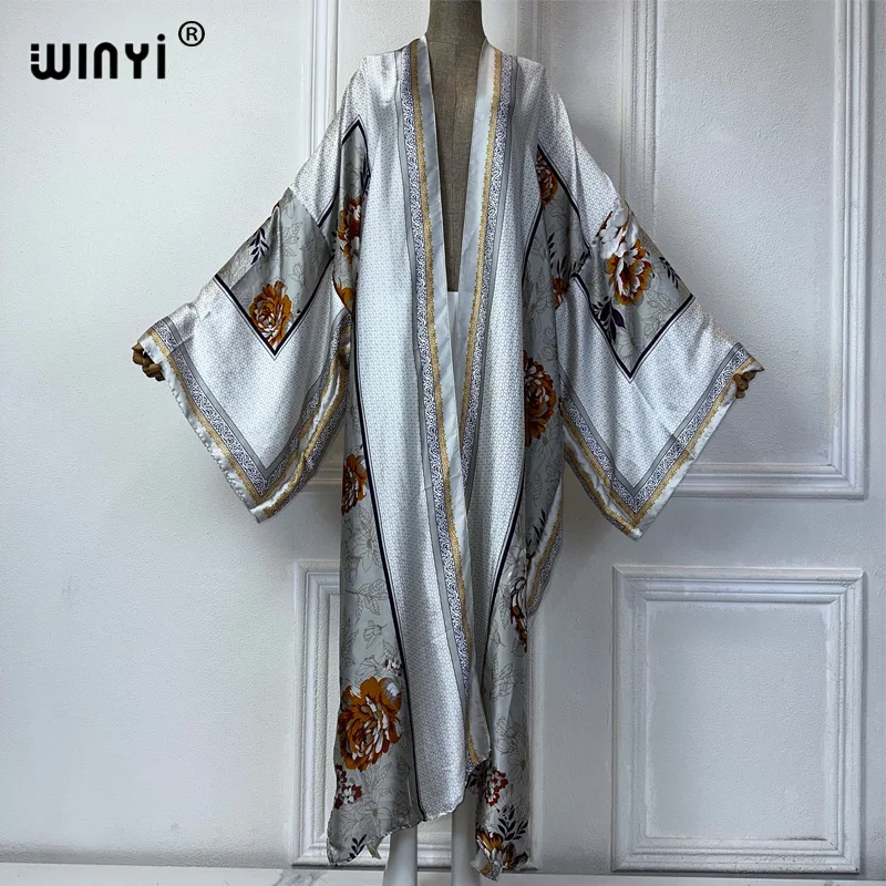 WINYI kimono estivo boho print beach wear donna costume da bagno elegante donna africana boho Cardigan sexy Holiday silk feeling dress