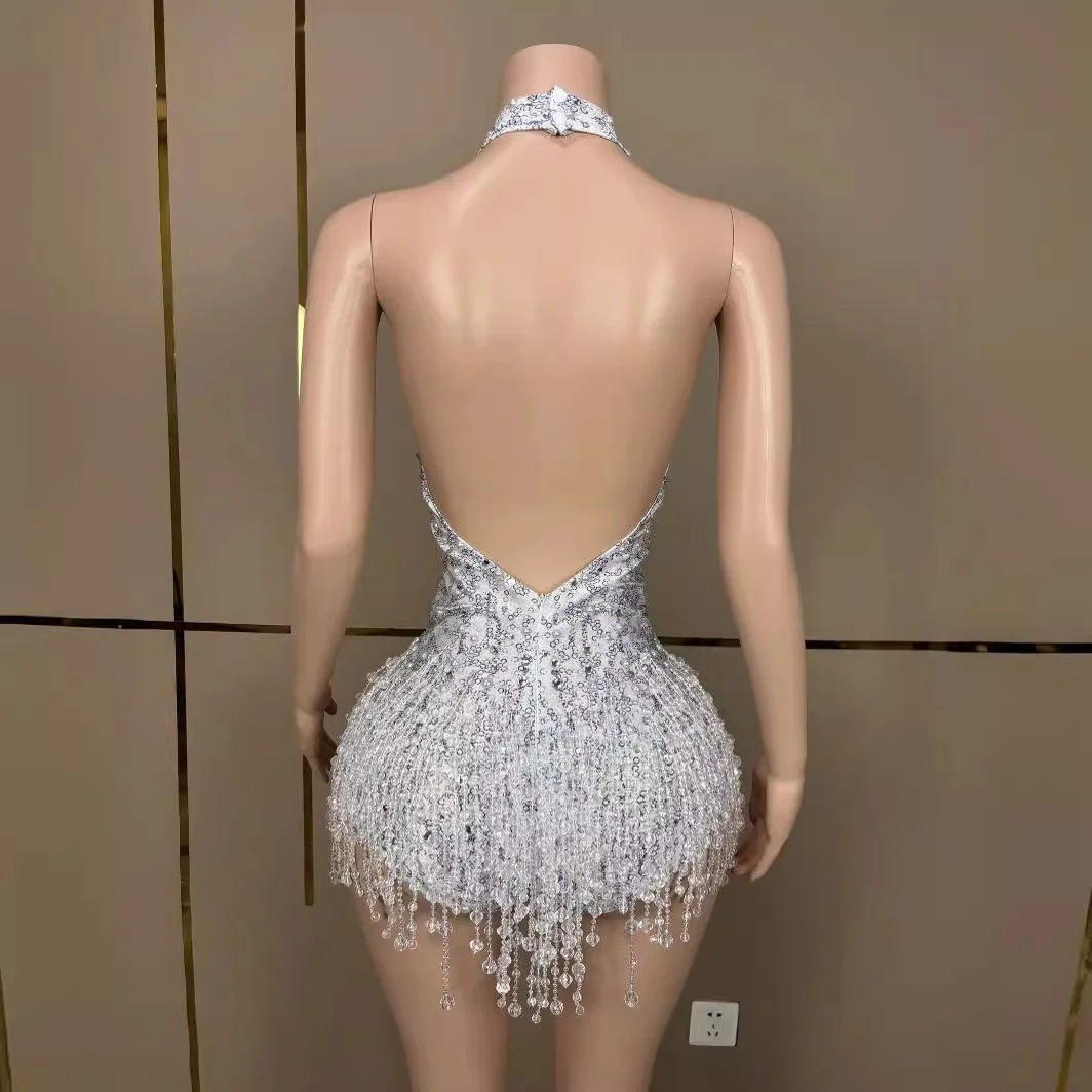 Glamorous Pearl Bead Birthday Party Dress Stage Performance Costume Sexy Printed Crystal Fringe Onesie Dance Outfit Party Dress