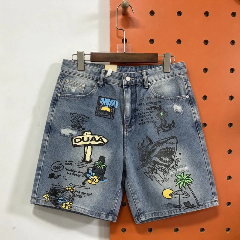 Vinatge Washed Worn Hole Denim Shorts DUAA Jeans Wave Shark Graffiti Print Hip-hop Streetwear Men Women Casual Short Pants