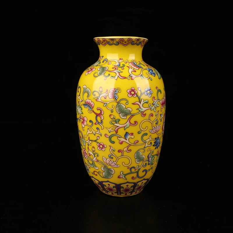 Chinese Old Porcelain Vase Collection Winter Melon Shaped Yellow Enamel Colored Unique Asian Decorative Item Collectibles