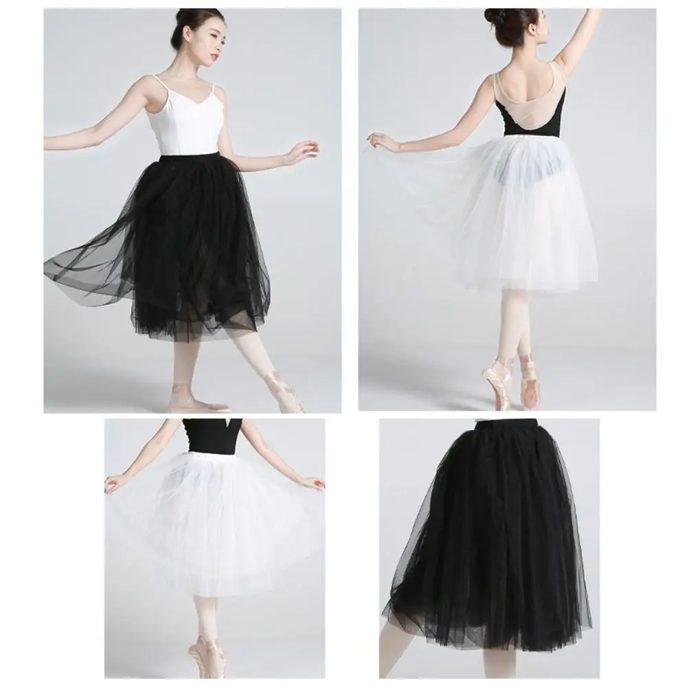 Classical White Ballet Tutu Four Layer Elastic Waist Ballerina Tutus Long Length Tulle Dance Tutus Women