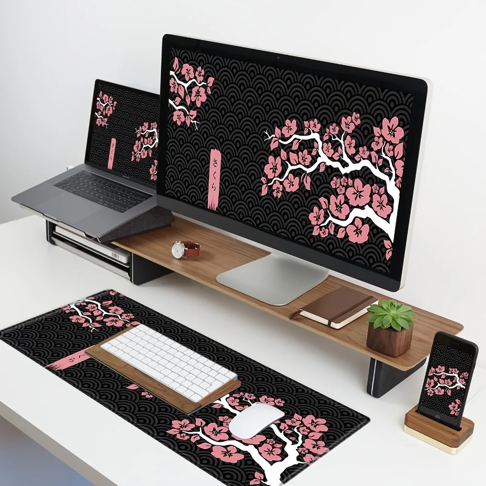 

Японский розовый коврик для стола с вишневым цветом, черный волнистый узор, большой игровой коврик для мыши, нескользящая резиновая основа, компьютерные офисные коврики для стола