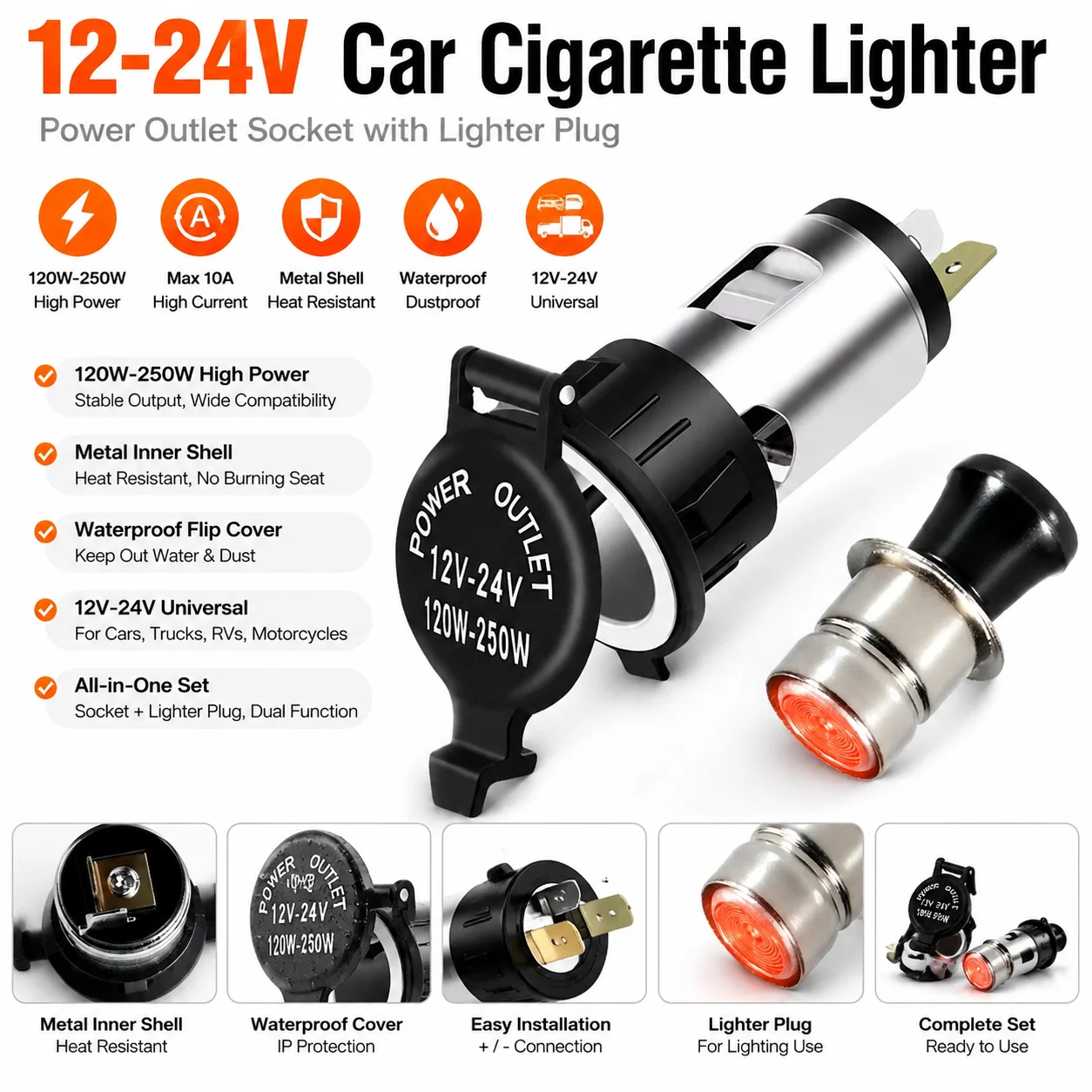 DC 12-24V Car Female Socket Power Plug Cigar Lighter Socket Car Cigarette Lighter Auto Motorcycle Marine Atv Rv Accessories
