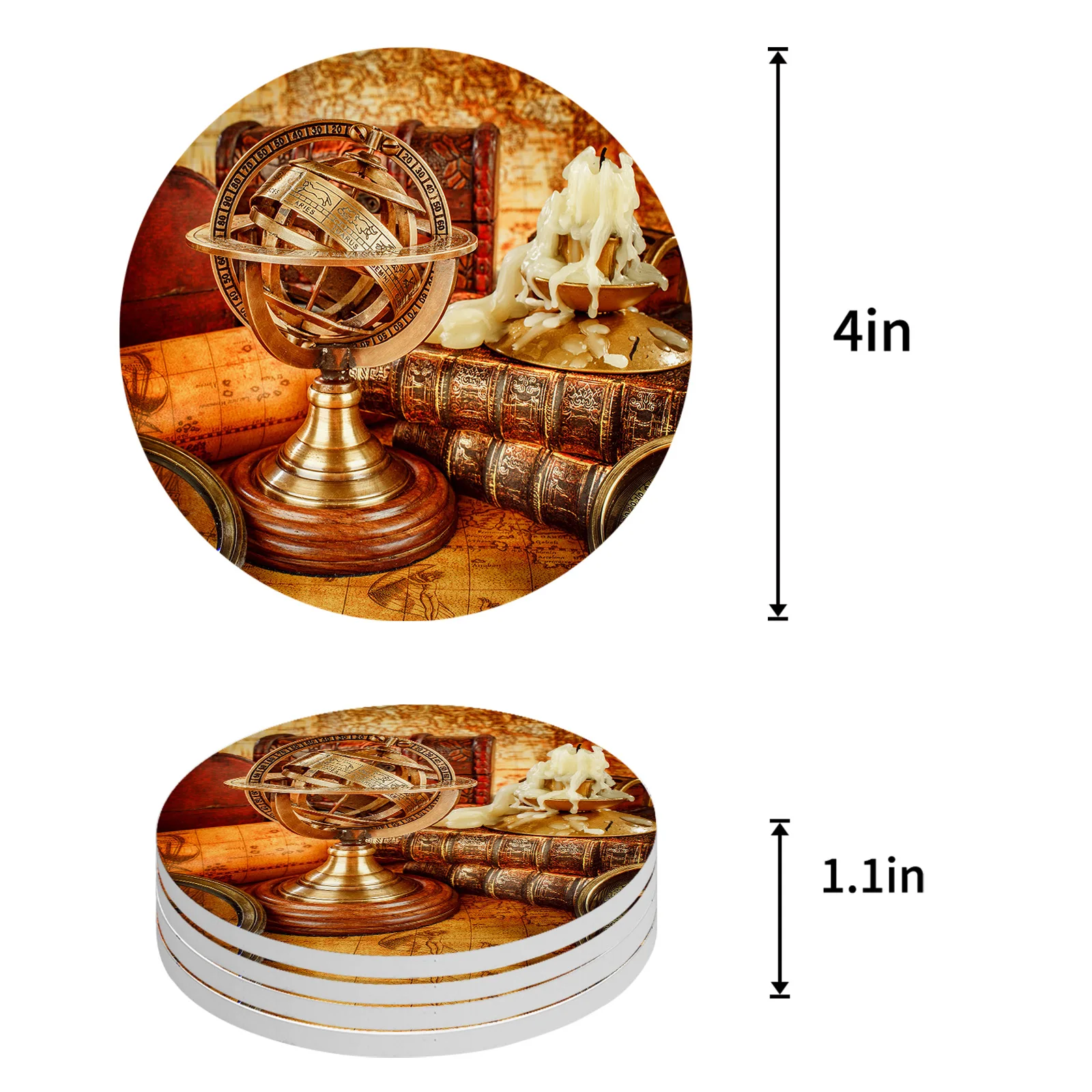 Books Compass Coasters Ceramic Set Round Absorbent Drink Coaster Coffee Tea Cup Placemats Table Mat