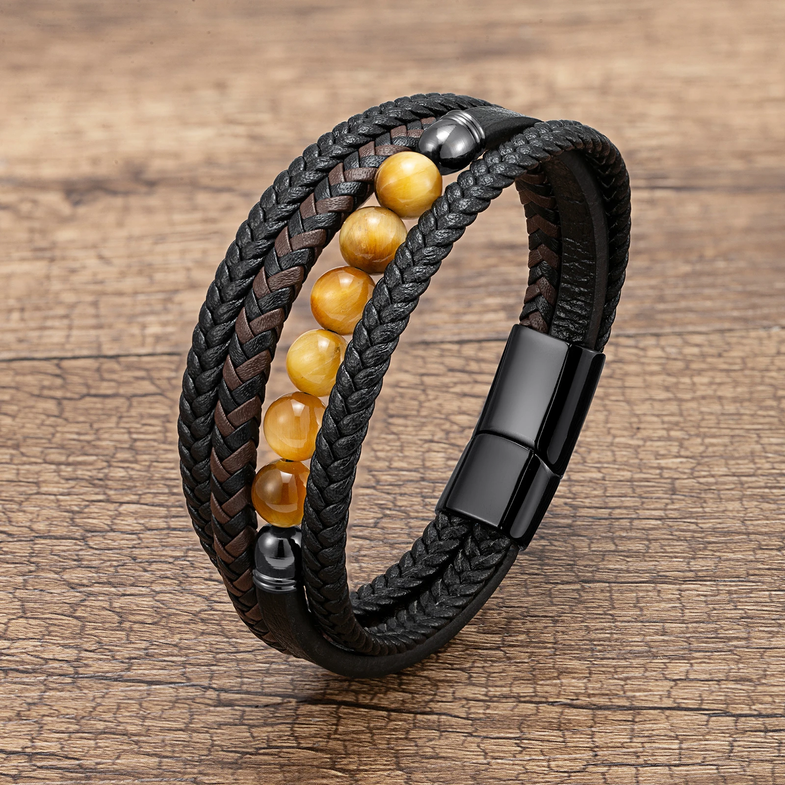 Natürliches Rundes Lavastein-Perlenarmband für Männer, Mehrschichtiges Geflochtenes Lederarmband, Modisches Tigerauge-Schmuckstück, Geschenk für den Freund – Detail 2