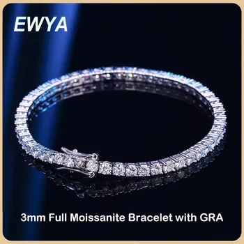EWYA 925 เงินสเตอร์ลิง Moissanite สร้อยข้อมือ 0.1ct 3 มม.D VVS1 เพชร GRA สําหรับผู้หญิงประกายงานแต่งงานเครื่องประดับ Fine