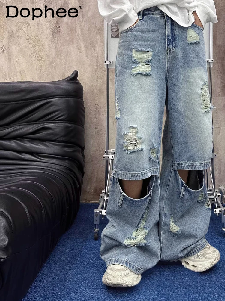 

Men's 2026 Spring Summer New Slimming Denim Pants Slim Trendy Personality Straight Jeans Trendy Male Hole Design Denim Trousers
