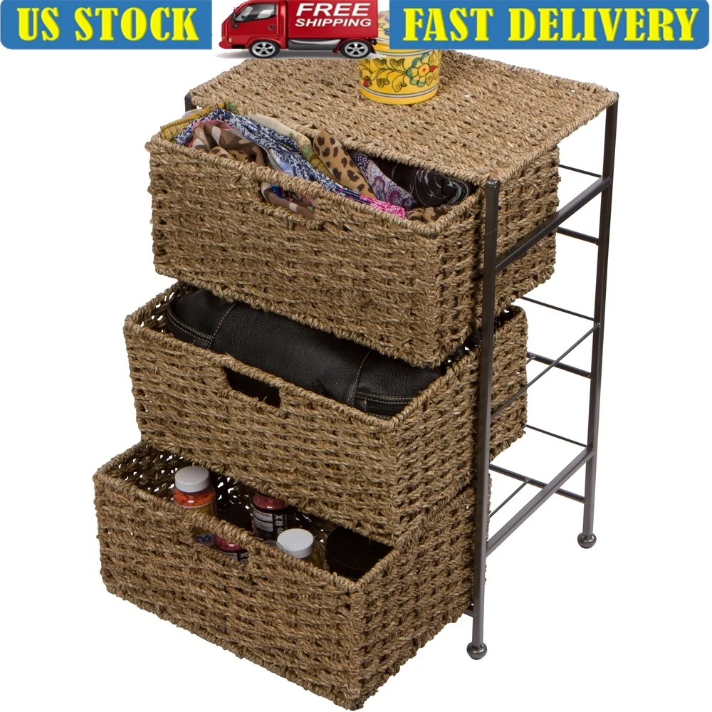 

3-Drawer Seagrass Metal Storage Chest Bedroom Bathroom Closet Organization Small Space Solution Rectangular Design
