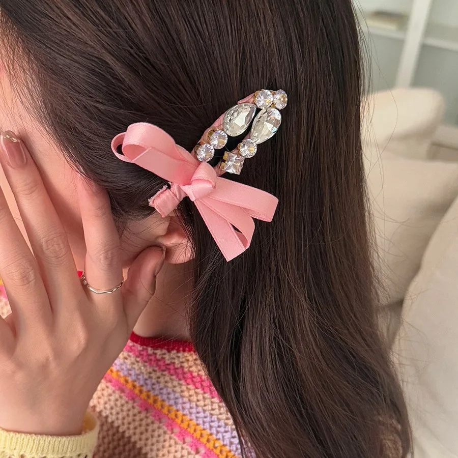 Rhinestone Bow Hair Side Clip Korean Sweet Girl Elegant Bangs Fringe Back Head Hairpin Non Slip Premium Daily Home