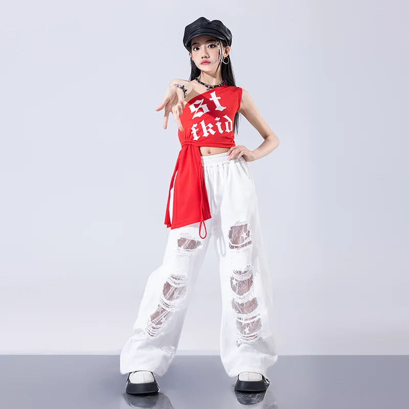 Jazz Dance Costume, Girls' Street Dance Performance Costume, Red Top, White Ripped Pants, Exposed Navel Dance Runway Show Set
