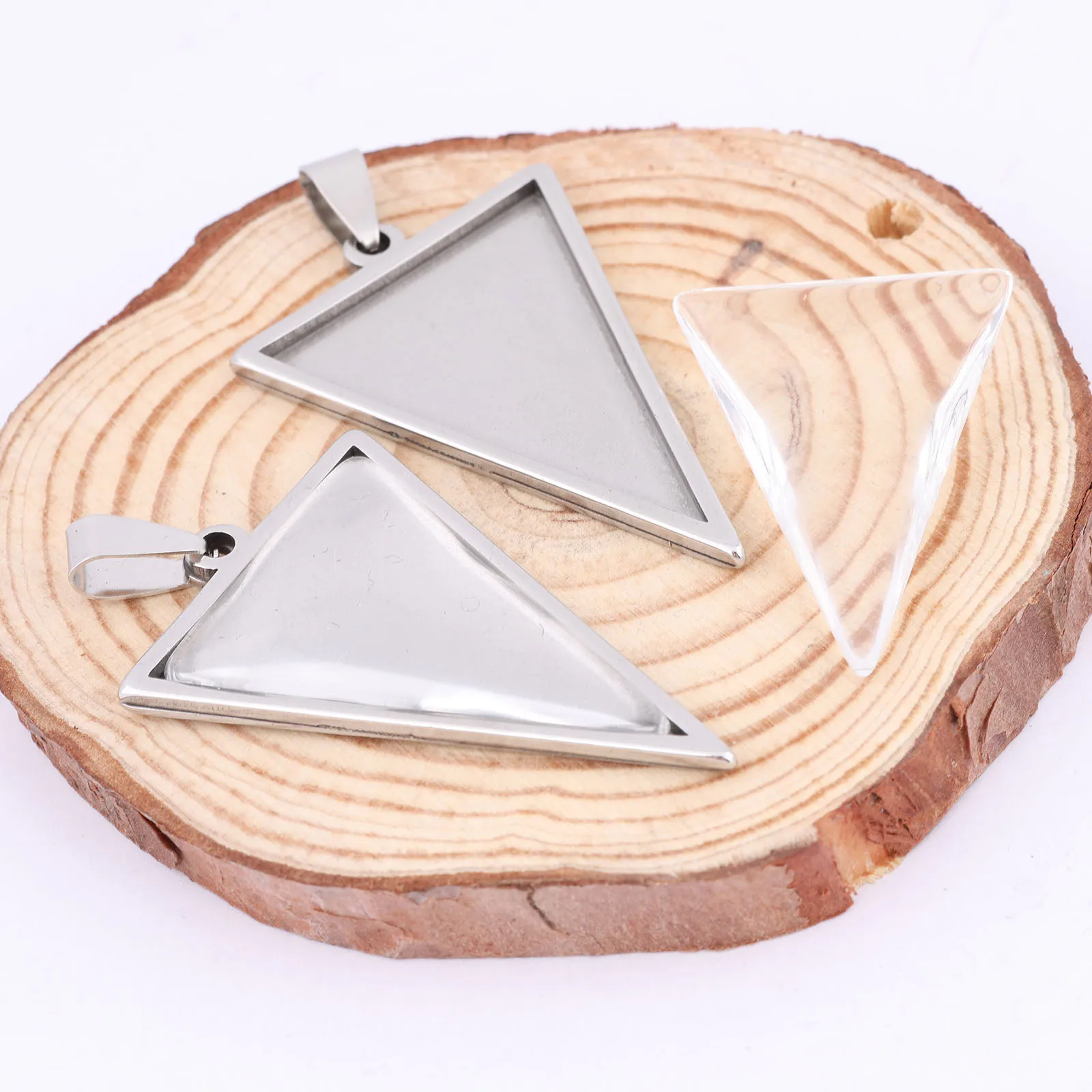 5 szt. Ze stali nierdzewnej 23x33mm trójkątne półfabrykaty z dopasowanymi szklanymi tacami wiszącymi do wyrobu biżuterii