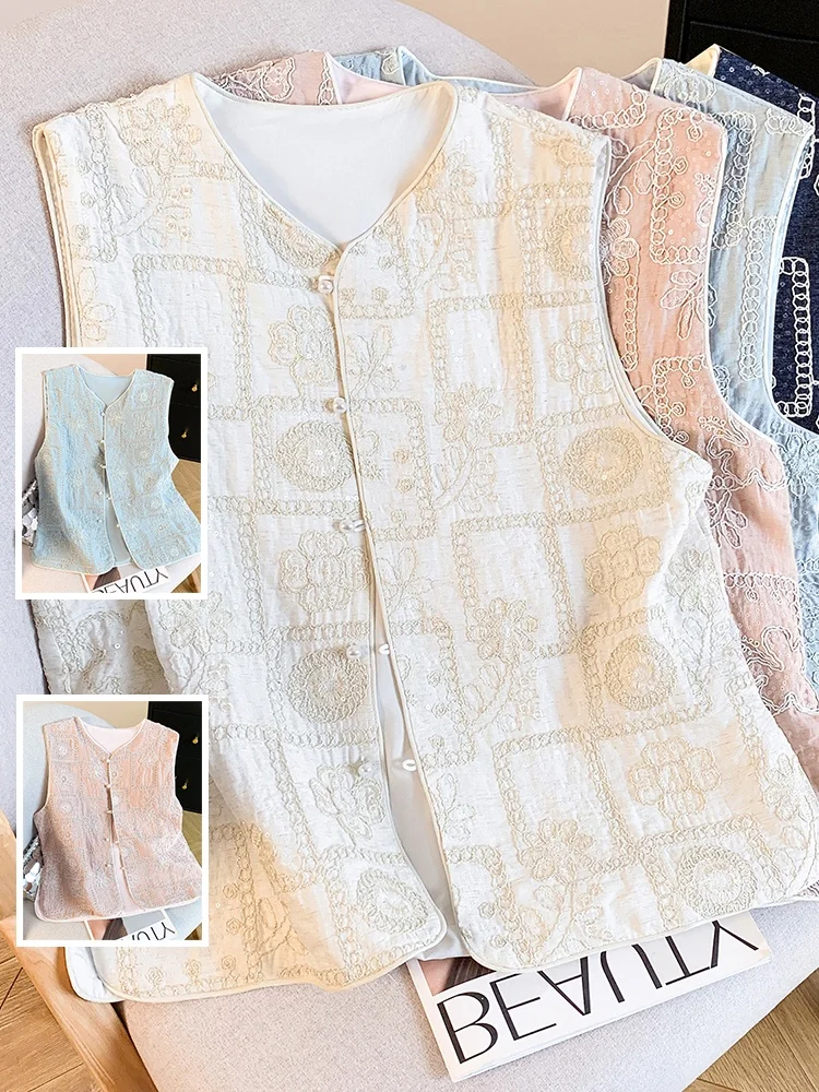 

Retro Chinese Sle Embroidered Lace Vest Single Button V-Ne Svel Improved Tang Costume Top for Women in Their 20s-30s