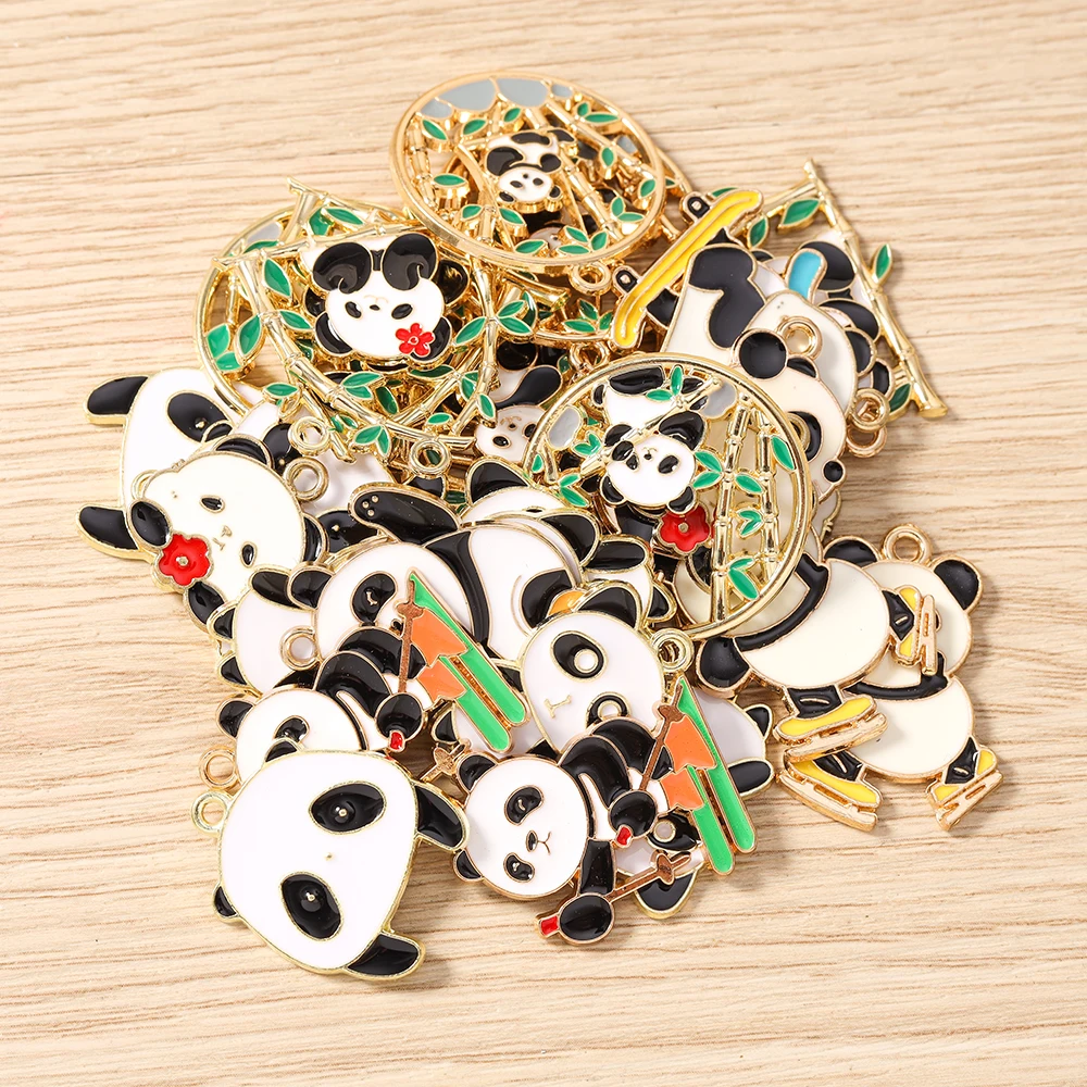10 Stück gemischte Cartoon-Tieranhänger aus Emaille, Panda-Bambus-Anhänger für die Herstellung von Ohrringen, Halsketten, DIY-Bastelarbeiten, Schmuckzubehör – Detail 4