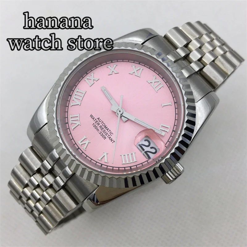 BLIGER 36mm/39mm Men\'s automatic watch NH35A Movement with recessed bezel Pink dial Roman Index Date stainless steel bracelet