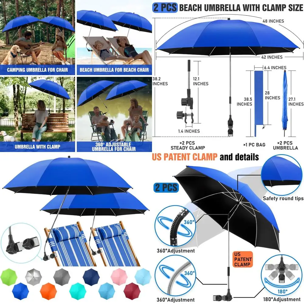 

360 ° Регулируемый зажим для пляжного зонта, UPF 50+, подходит для стульев, инвалидных колясок и активного отдыха.