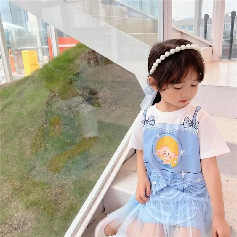 New Children's Dresses Summer Baby Short-Sleeved Girl's Cartoon Fake Two-piece Mesh Dress Short  Skirt Girls Summer Dresses