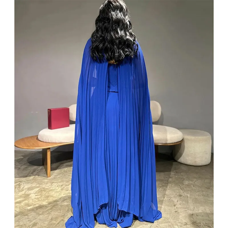 Elegant Royal Blue Chiffon Evening Dresses A-Line V-Neck Pleated Muslim Floor Length Prom Dresses for Women