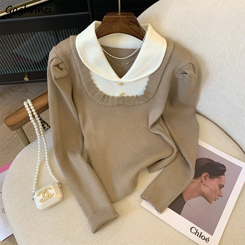 

Женские пуловеры с напуском, 2 шт., модные, в французском стиле, Harajuku, нежные, стильные, популярные, вязаные, с пышными рукавами, Mujer, осень