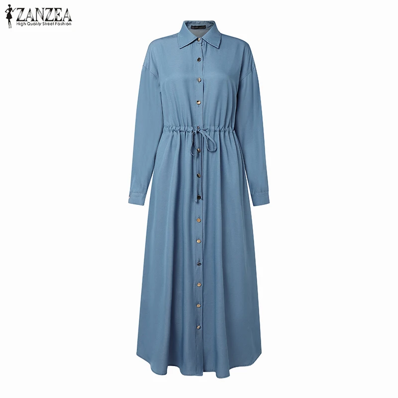 ZANZEA Moda Donna Camicia a maniche lunghe Abiti Risvolto Fasciatura Party Vestido 2025 Autunno Tinta unita Elegante Casual Allentato Vestito estivo