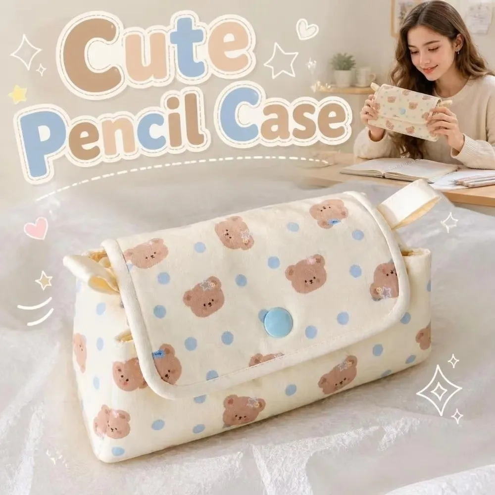 Cute Multi-Layer Pencil Pouch Button-closure Large Capacity Pen Bag Lightweight Bear Printed Pencil Case School Supplies