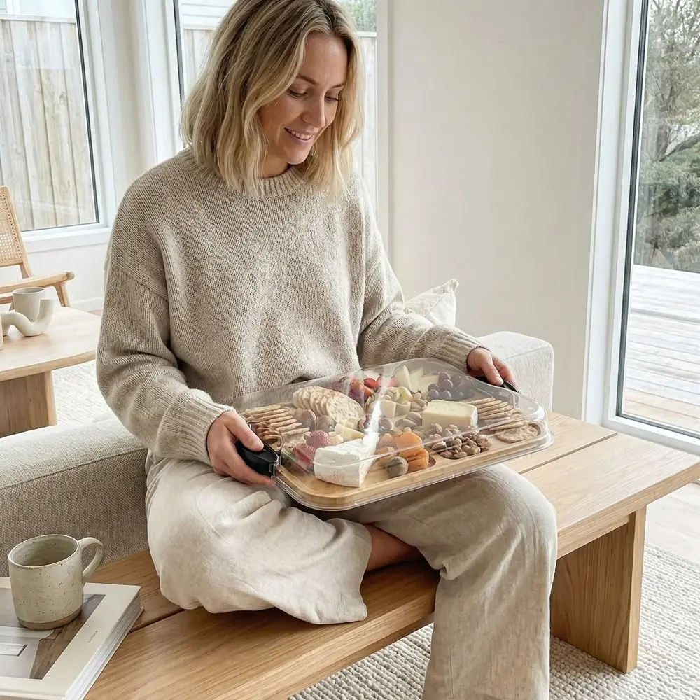 

Бамбуковая доска-поднос для закусок с квадратной прозрачной акриловой крышкой, прочное блюдо для сыра, праздничный сервировочный поднос