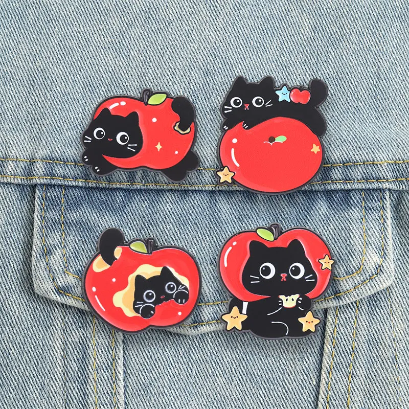 Apple Black Cat Enamel Pins Cartoon Kitten Fruit Star Brooches Kawaii Lapel Badges Spring Summer Jewelry Gift for Family Friend