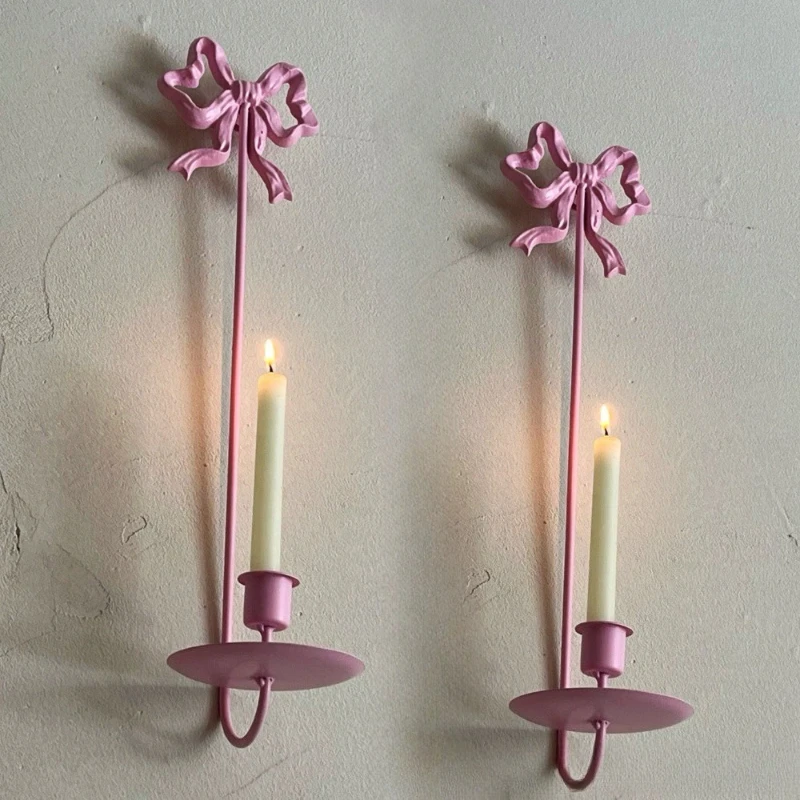 French Retro Wall Mounted Bowknot Candlestick European Wrought Iron Carved Wedding Decoration Candle Holder Home Decoration