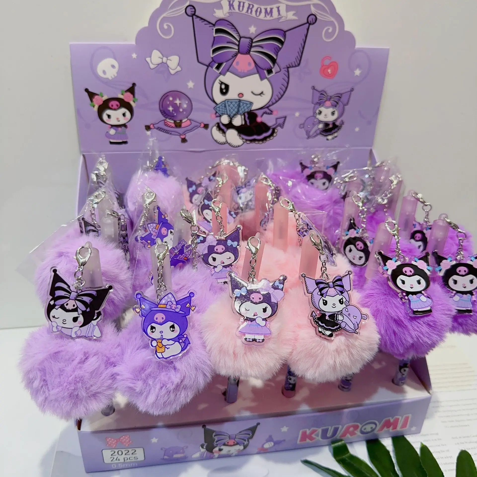 Sanrio 12/24pcs Gel Pen Kuromi Melody Cartoon Plush Pendant Pen Kawaii Students Stationery Wholesale