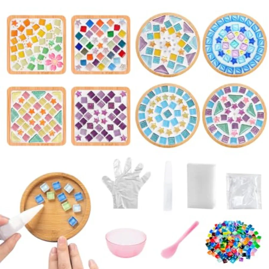 

8 Sets DIY Glass Mosaic Tiles for Crafts Mixed Color Mosaic Kits with Wooden Coaster for Adults Bamboo Coaster for Drinks Tray