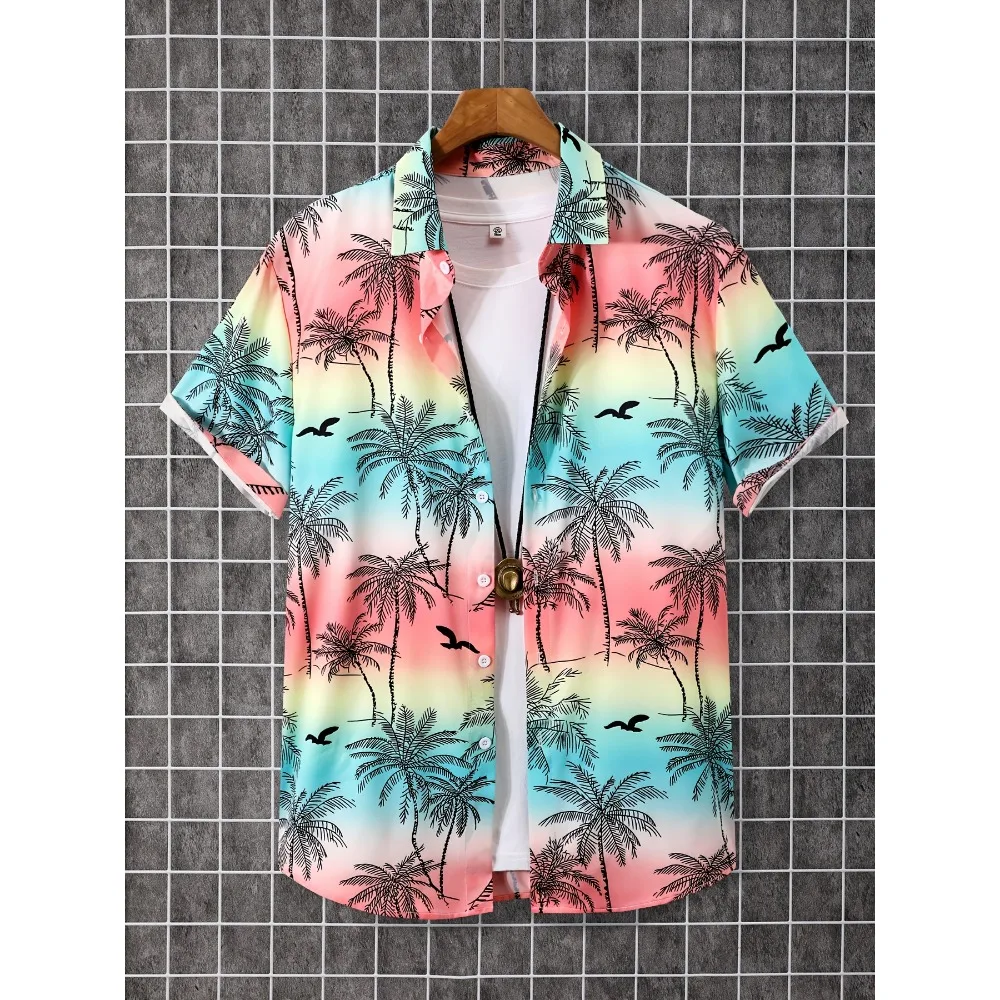 Men Gradient Palm Seagull Hawaiian Shirt Short Sleeve Button‑Up Beach Vacation Unisex Top