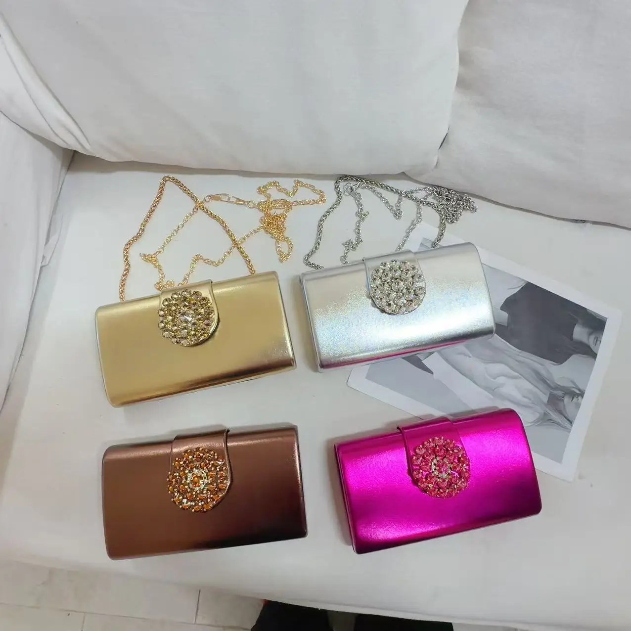 Rhinestone Buckle Evening Clutch Bag Women Rectangle Chain Crossbody Purse Wedding Prom Formal Handbag
