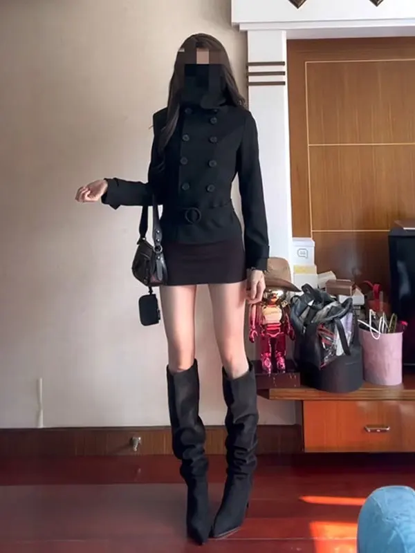 

Hebe Sle ort Double Breasted Woolen Coat Korean Faion Ele Winter Outerwear Commute Edition Long Sve Pure Color