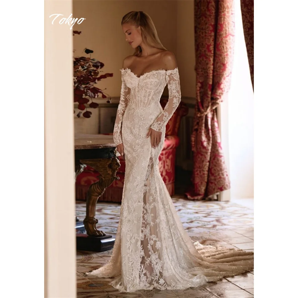 Белые свадебные платья с открытыми плечами по индивидуальному заказу, свадебные платья с длинными рукавами и молнией сзади, элегантные свадебные платья со шлейфом