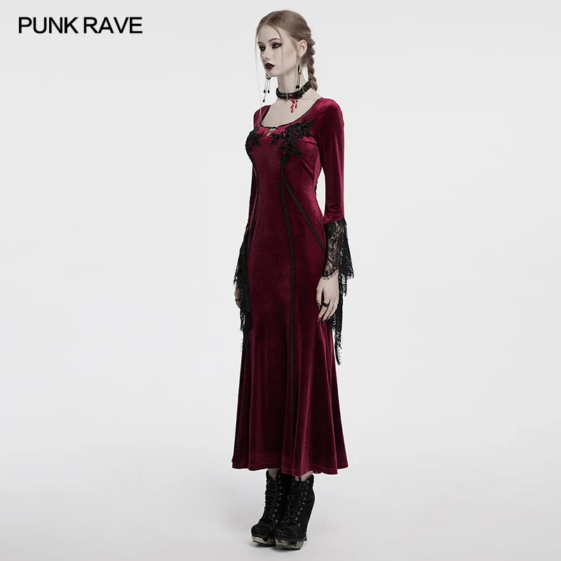 PUNK RAVE Abito da donna in velluto di alta qualità con taglio liscio gotico Elegante Party Club Beauty Polsini in pizzo Abiti lunghi Due colori