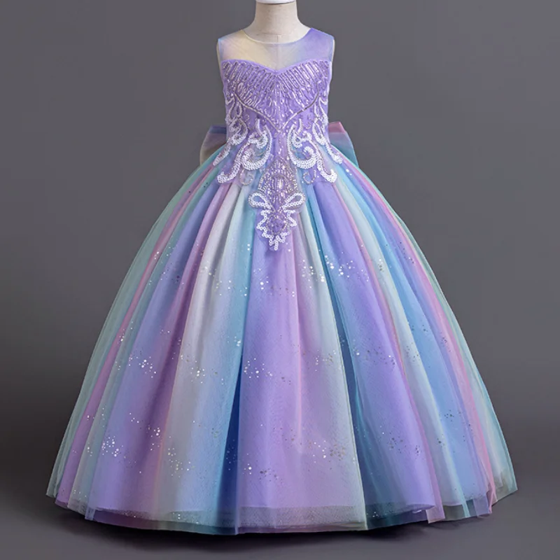 Girl's New Sequin Sticker Bow Rainbow Sleeveless Mesh Long Princess Dress Wedding School Graduation Ceremony Fashion Dress