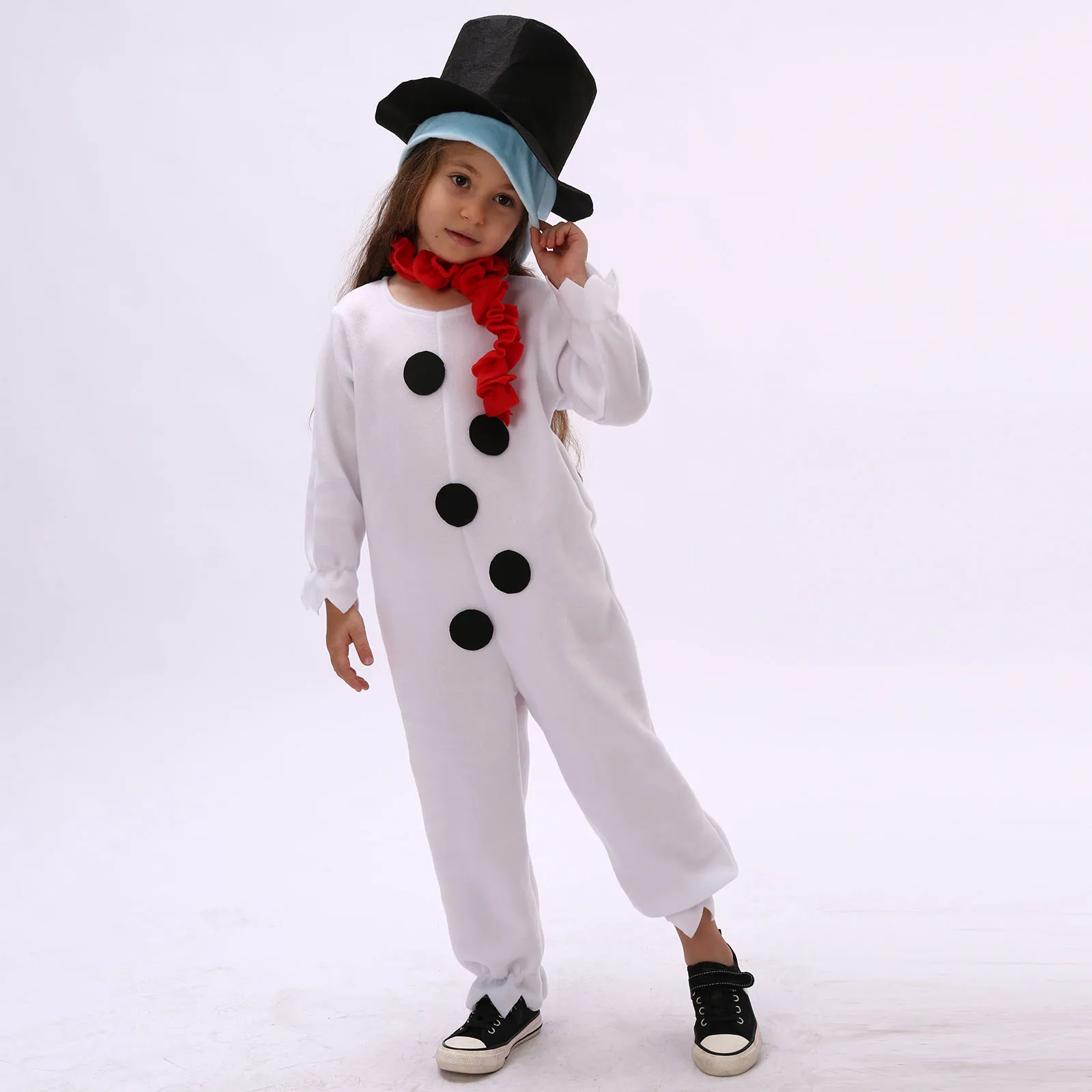 زي عيد الميلاد للأطفال الأولاد ذو قيمة ممتازة، بدلة قفز مرقعة بأكمام طويلة ورقبة دائرية ووشاح زي رجل الثلج التنكري