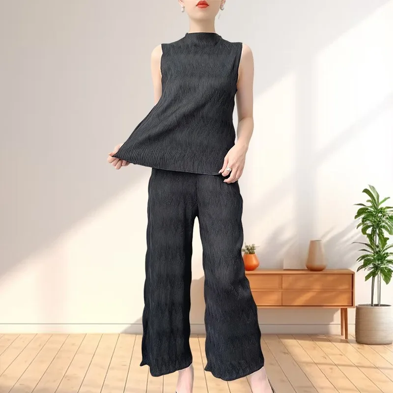 

Miyake Summer New Pleated Sleeveless Vest T-Shirt Top Women's Comfortable Casual Slim Slim Straight Pants Loose with Elasticity