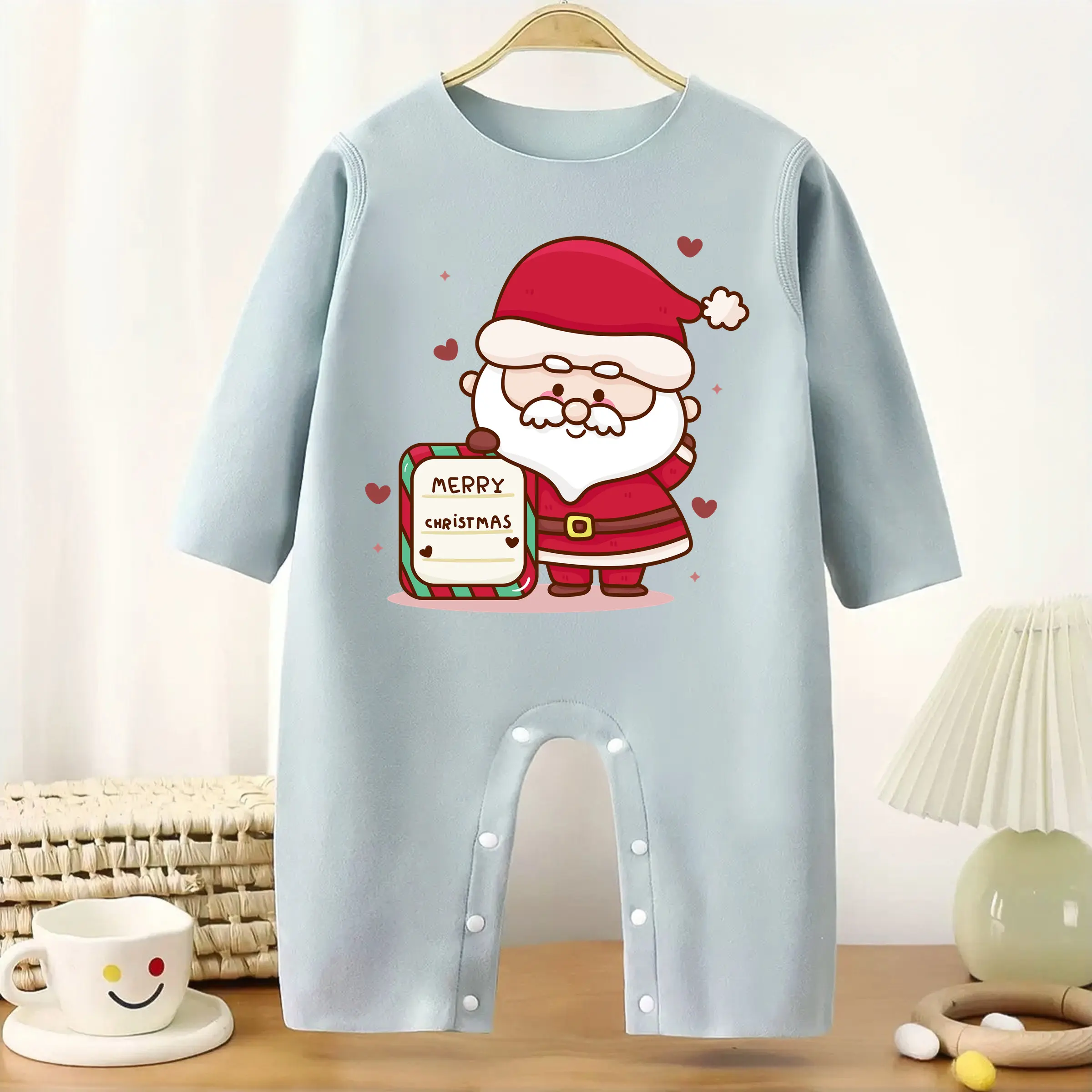 

MINISO Merry Christmas Baby Thickened Jumpsuit Santa Postcard Infant Longsleeve Creeper Keep Warm for Height 60-90CM Baby Cloth
