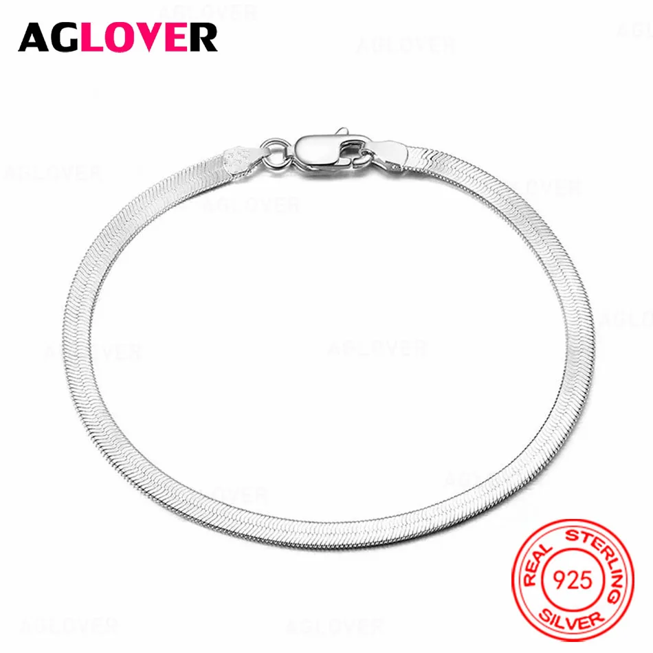 

AGLOVER 925 Sterling Silver 4mm Gold Flat Snake Chain Bracelet Cute Fashion Women Gift Jewelry