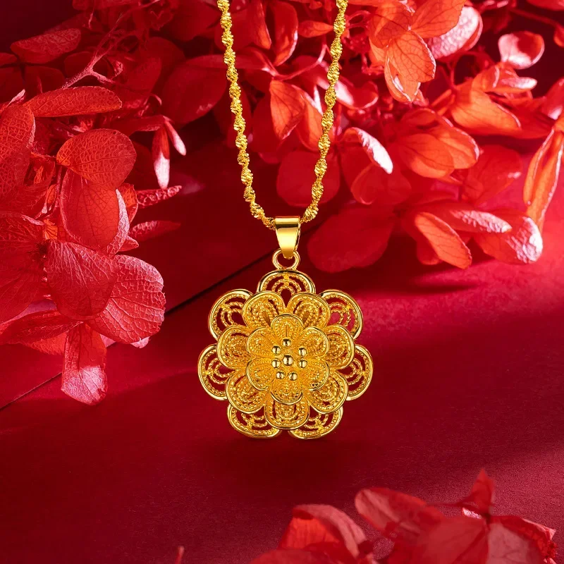 9999 Real Gold 24K Multi-layer Gold Big Flower Pendant Necklace Femininity Vintage Big Flower Clavicle Necklace