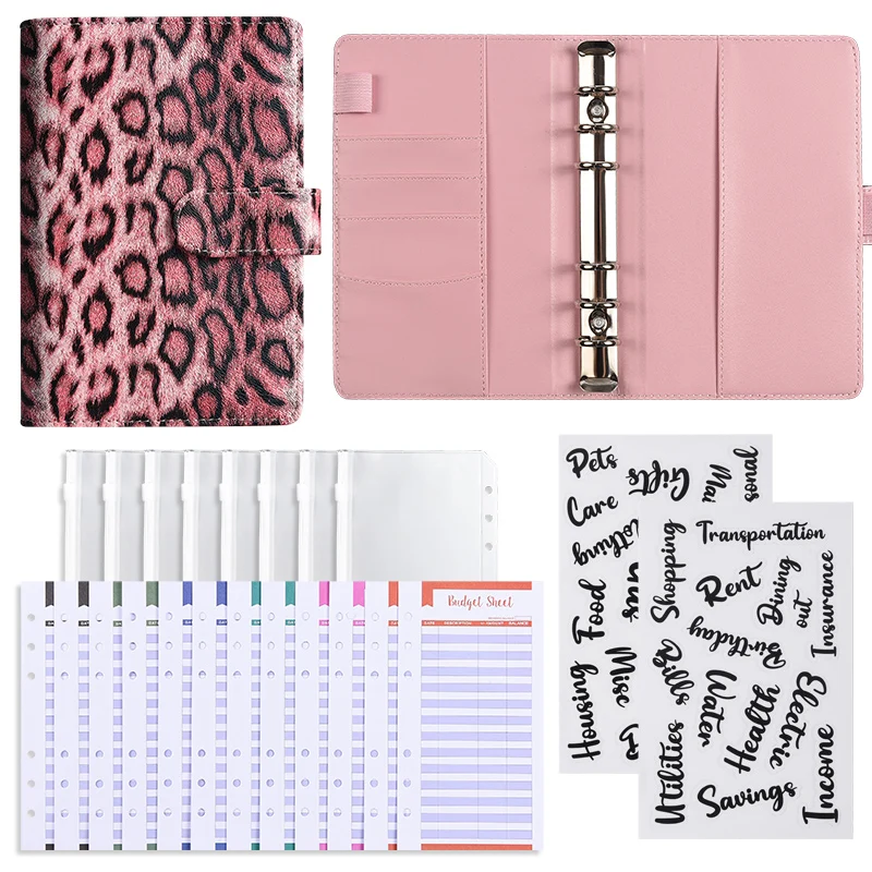 مجلد مخطط ميزانية المال بطباعة الفهد مقاس A6 مع مظاريف بسحاب، مظاريف نقدية لوضع الميزانية، منظم أموال بطبعة الفهد #2