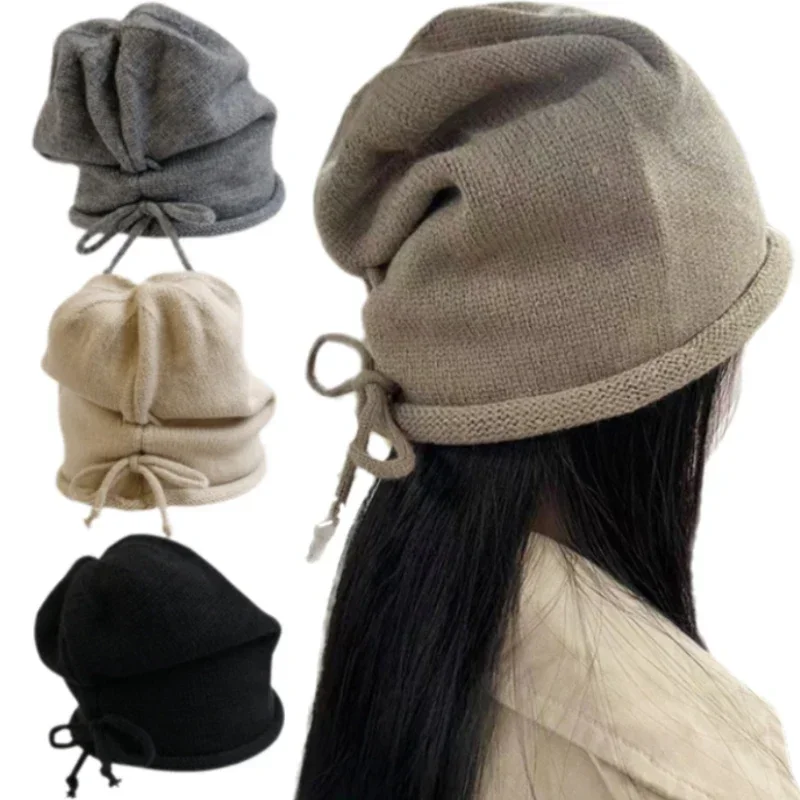 Fashion Drawstring Baggy Slouchy Beanie for Women Autumn Winter Ear Warm Skullies Cap Solid Color Bonnet Girl Kintted Woolen Hat