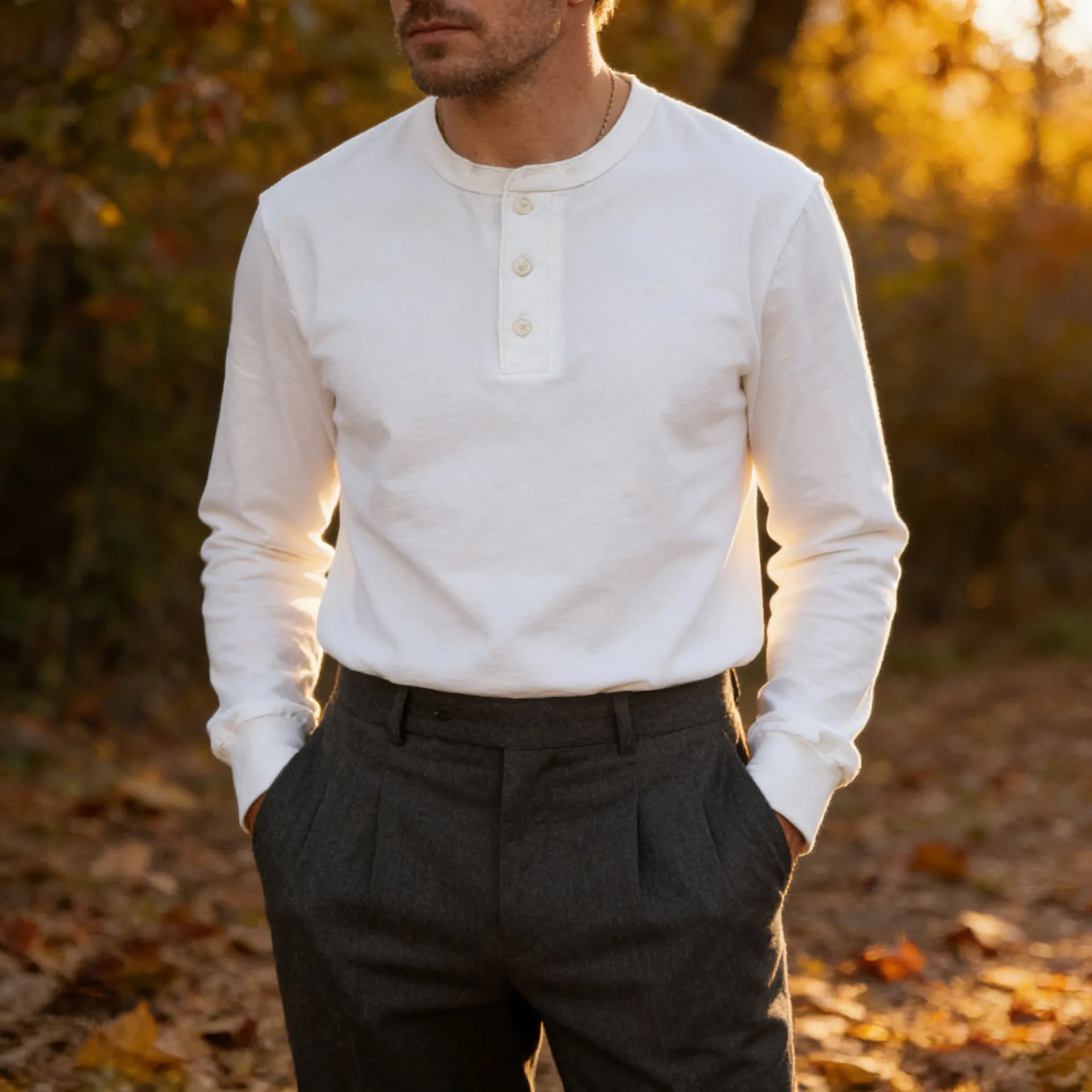 Men T-shirt Vintage Henley Shirt 280g Cotton Long Sleeve Half Button Solid Color Casual Daily Wear Basic Pullover Tee Tops
