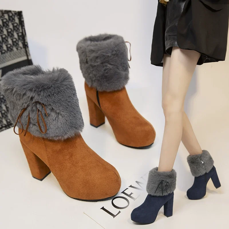 

Trendy and trendy women's boots, 2024 autumn and winter new fur short boots, high heel suede versatile women's short boots