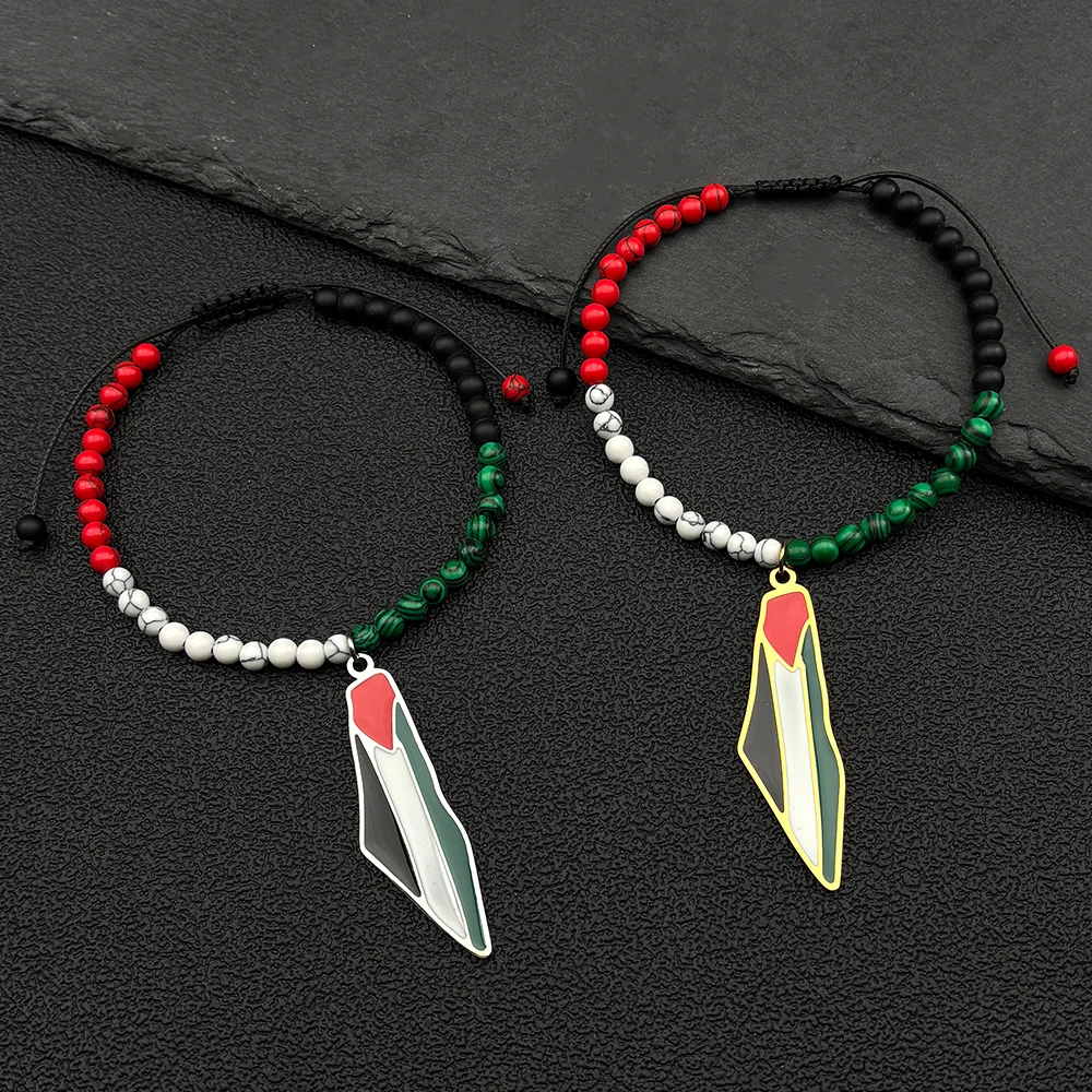 

Arabic Islamic Palestine Map Flag Resin Beaded Bracelet for Women Men Stainless Steel Gold Color Palestinians Hand Chain Jewelry