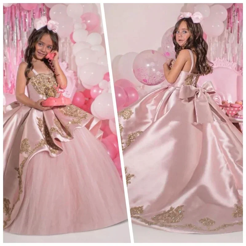 

Pink Beaded Ball Gown Girls Pageant Dresses Straps Princess Flower Girl Dress Sequined Satin Appliqued